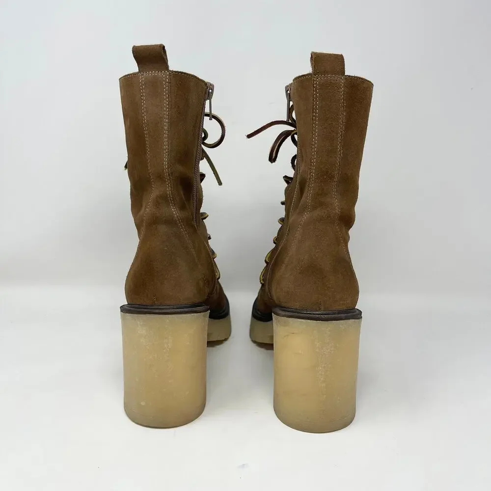 Free People Dylan‎ Lace Up Boot Womens 40/9-9.5 Brown Suede Chunky Mid Calf